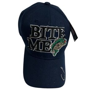 Bite Me Bass baseball cap hat NWT Navy Blue Novelty Fathers Day‎ Funny Fishing